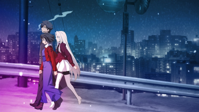 Shiki Ryougi and companions in a snowy city