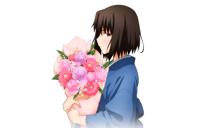 Shiki Ryougi holding a bouquet of flowers