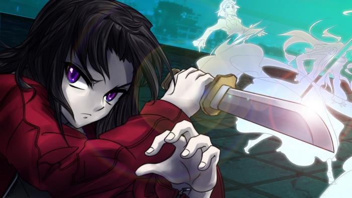 Shiki Ryougi with sword and spectral figures