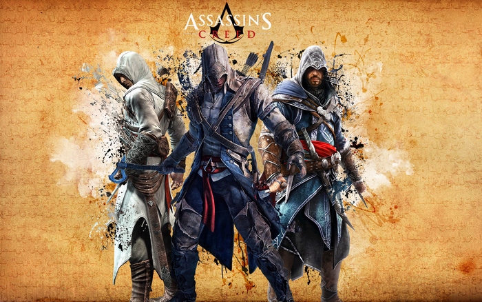Assassins Creed characters on textured background