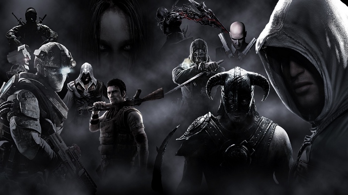 Collage of video game characters including Ezio Auditore