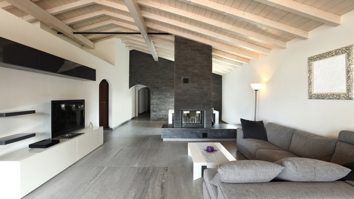 Modern living room with fireplace and television