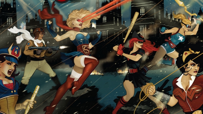DC Comics Superheroes fighting in a city