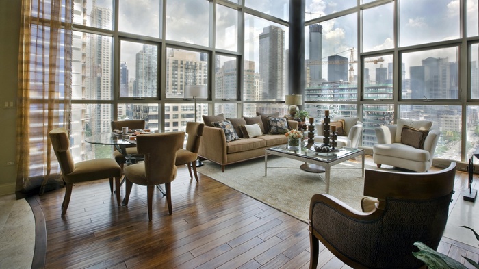 Modern living room with city view
