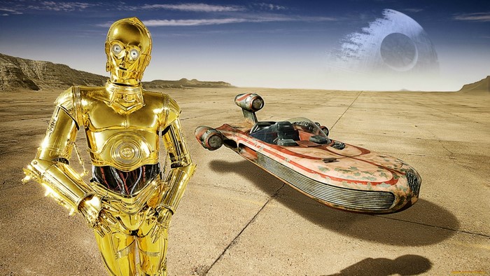 C-3PO and a speeder on Tatooine with the Death Star