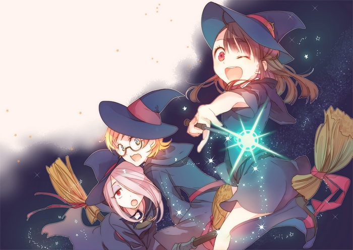 Three witches flying on broomsticks