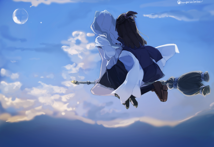 Two witches flying on a broomstick