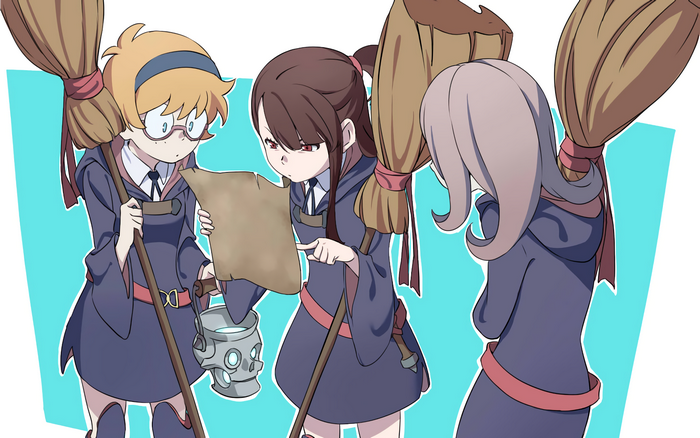 Three witches from Little Witch Academia reading a scroll