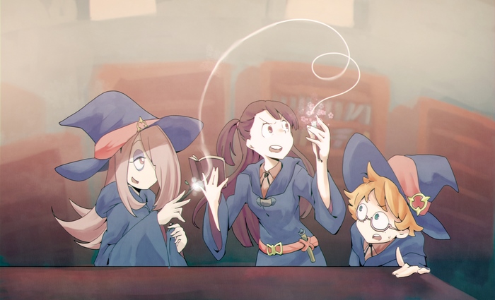 Three young witches casting spells from a book