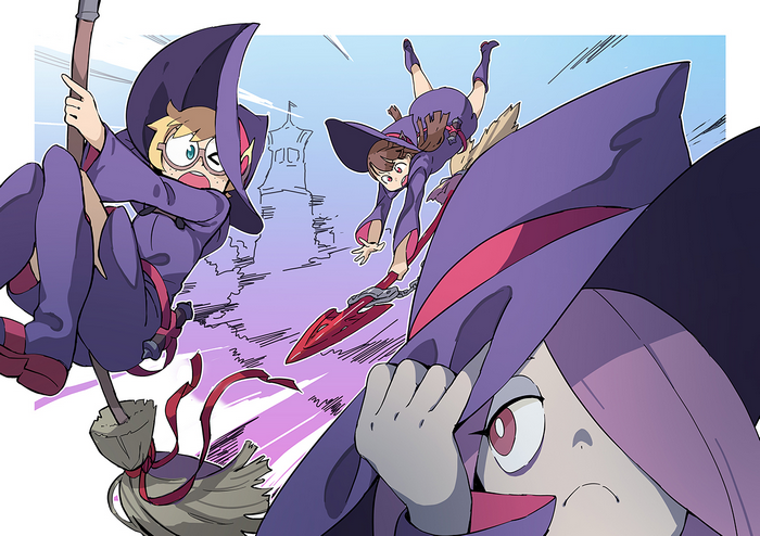 Little Witch Academia: Akko, Sucy, and Lotte on brooms