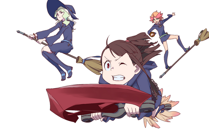 Three witches flying on broomsticks