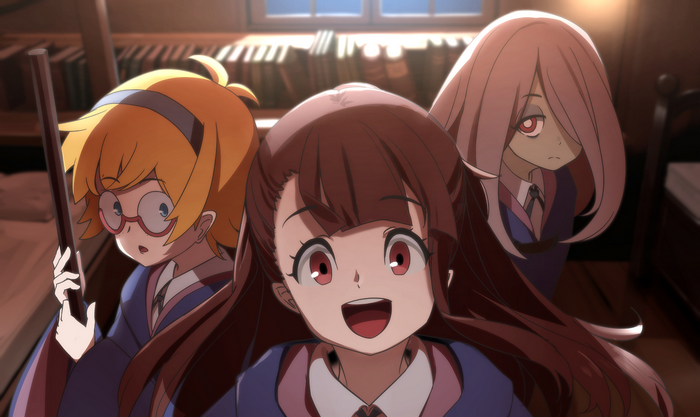 Atsuko Kagari and friends in a library