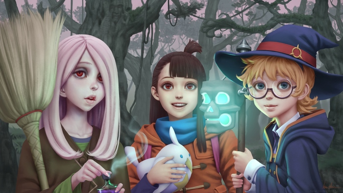 Three young witches in a forest