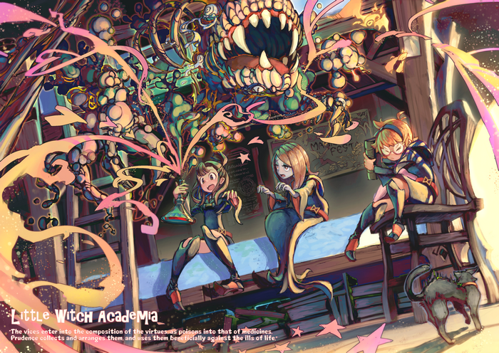 Little Witch Academia: Akko, Sucy, and Lotte in a chaotic scene