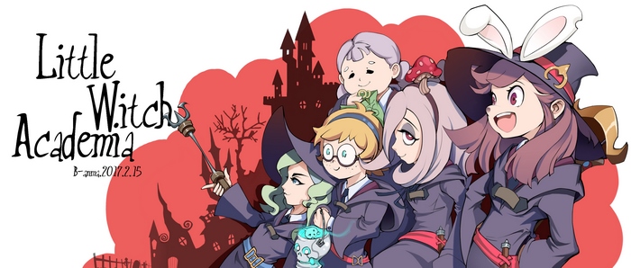 Little Witch Academia characters with a castle background