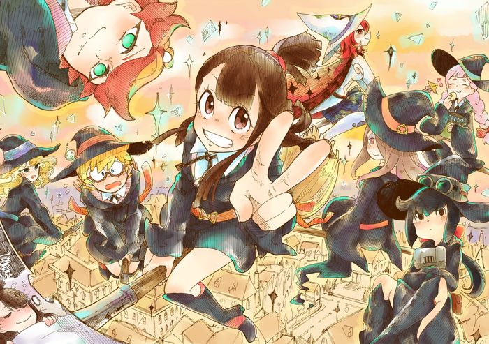Little Witch Academia characters flying over a town