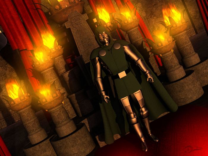 Doctor Doom in a torch-lit chamber