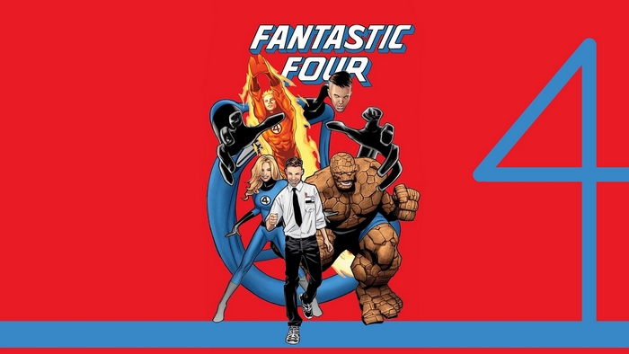 Fantastic Four characters with a man in a suit