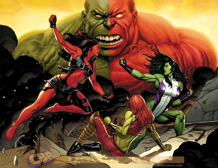 She-Hulk, Red She-Hulk, and She-Hulk fighting