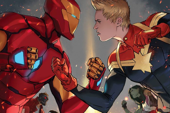 Iron Man and Captain Marvel face off, She-Hulk and Star-Lord in background