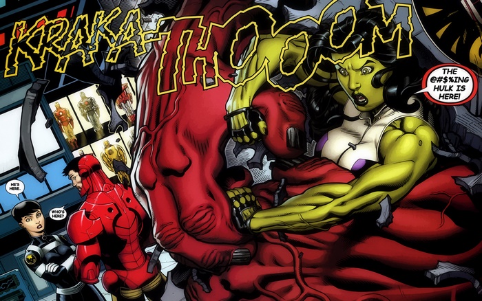 She-Hulk and Iron Man in a battle