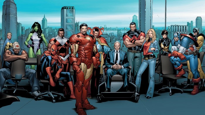 Marvel Avengers and X-Men in a meeting