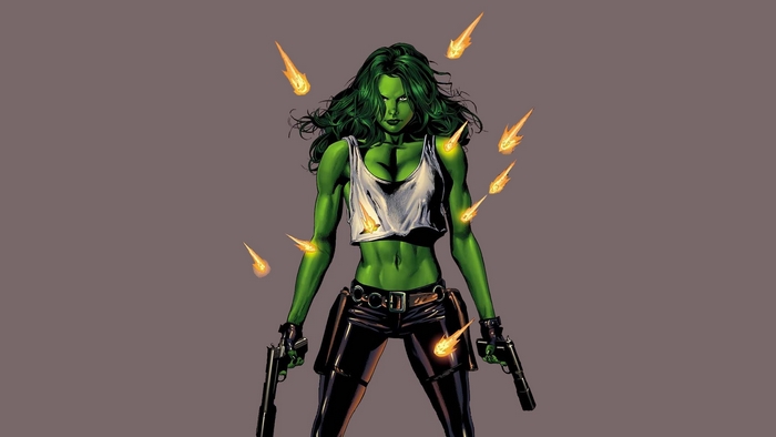 She-Hulk with guns and fireballs