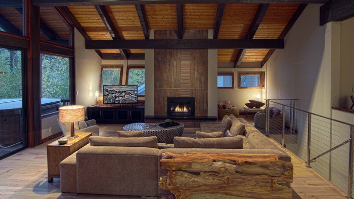 Living room with fireplace and large sectional sofa