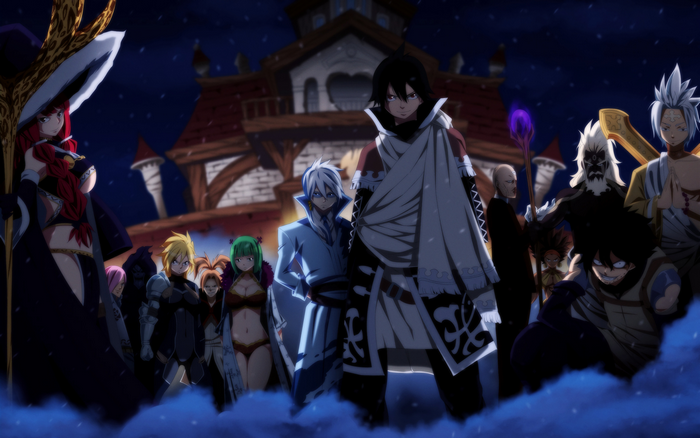 Fairy Tail characters in front of a building