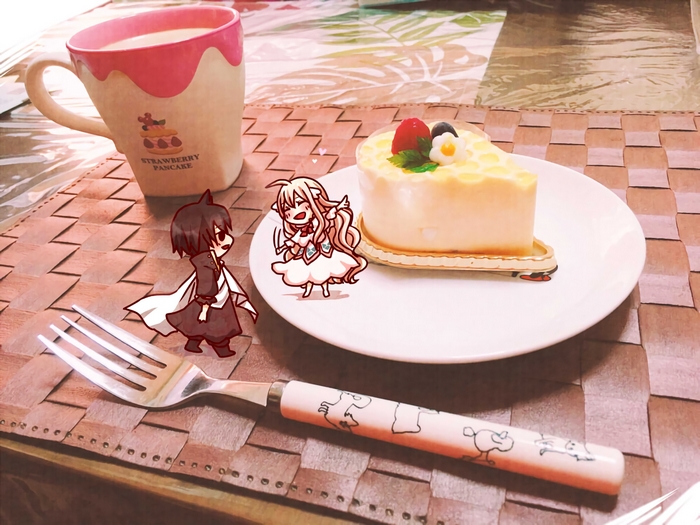 Zeref Dragneel and Mavis Vermillion with cake and coffee