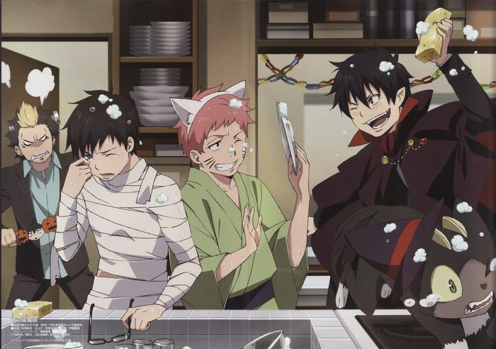 Four boys and a cat demon doing dishes