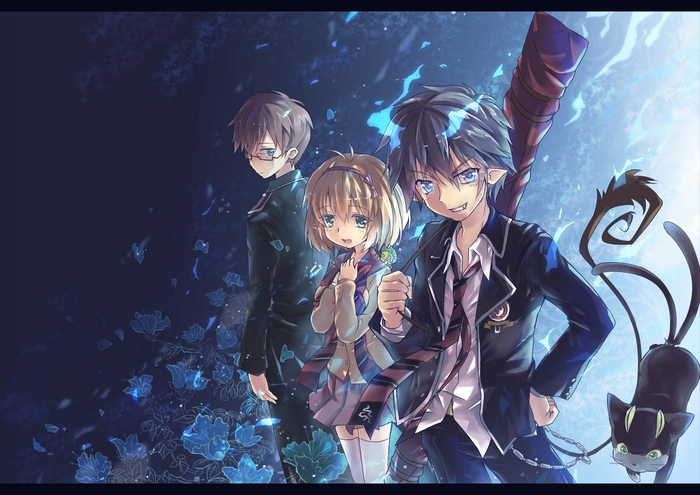 Rin Okumura, Yukio Okumura, and Shiemi Moriyama from Blue Exorcist