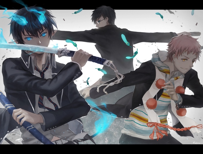 Rin Okumura, Yukio Okumura, and Ryuji Suguro from Blue Exorcist