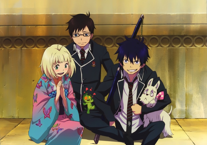 Blue Exorcist: Rin, Yukio, Shiemi, Kuro, and Izumo