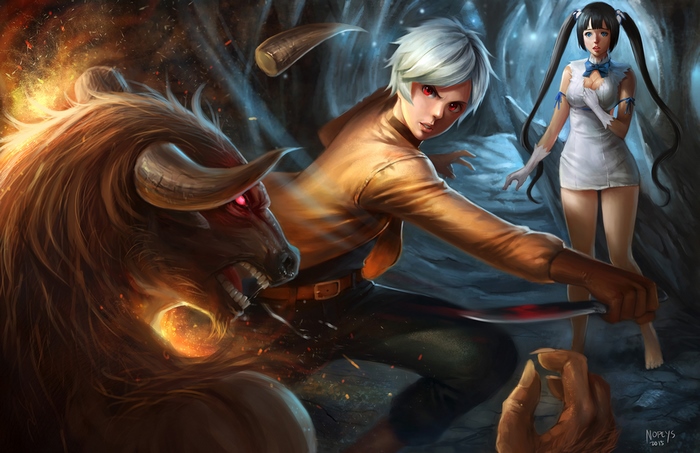 Bell Cranel and Hestia fighting a Minotaur