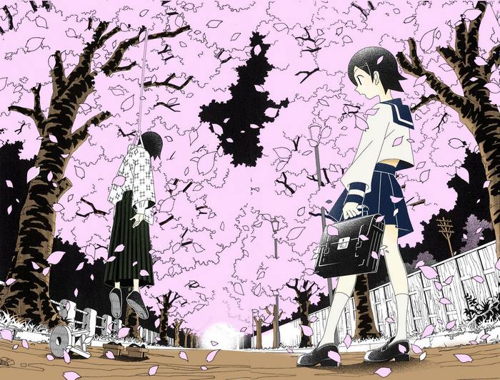 Girl in School Uniform and Hanging Figure Under Cherry Blossoms