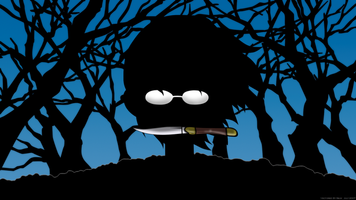Nozomu Itoshiki with knife and glasses in forest