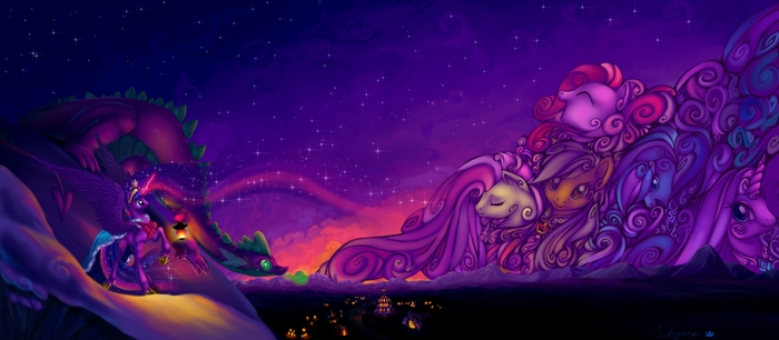 Princess Twilight Sparkle and Spike with sleeping ponies