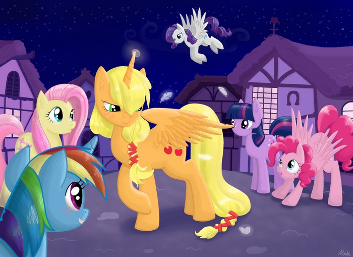 My Little Pony characters in a town at night