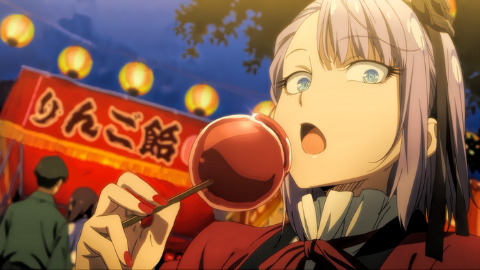 Shidare Hotaru eating candy apple at festival