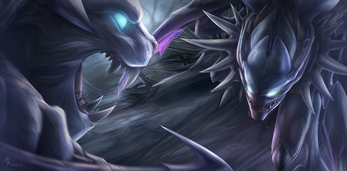 Two creatures fighting in a dark forest