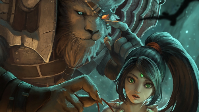 Rengar from League of Legends with a young girl