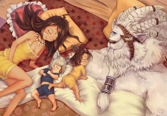 Rengar from League of Legends with children sleeping