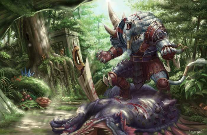 Rengar from League of Legends standing over a defeated creature