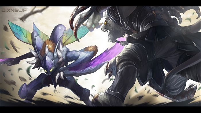 Rengar from League of Legends fighting a creature