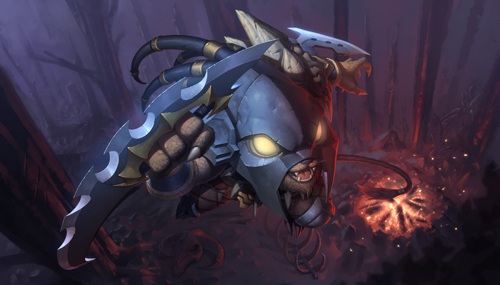 Rengar from League of Legends in a dark forest