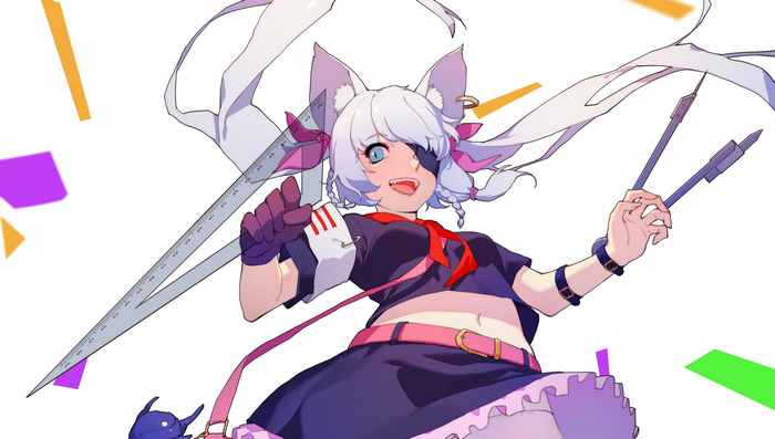 Anime girl with cat ears holding ruler and compass