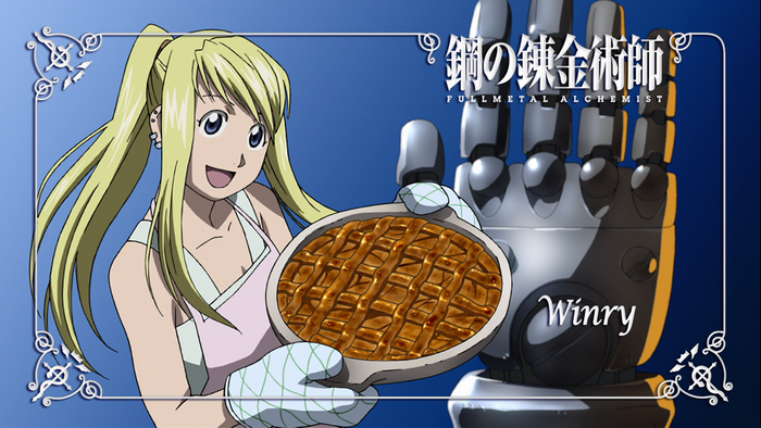 Winry Rockbell from Fullmetal Alchemist holding a pie