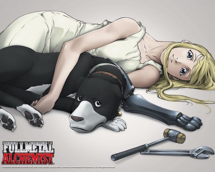 Winry Rockbell from Fullmetal Alchemist with a dog