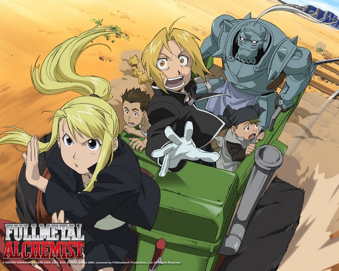 Fullmetal Alchemist characters in a vehicle